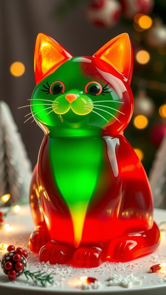 A festive cat-shaped jelly dessert in red and green, filled with cream, on a holiday table.